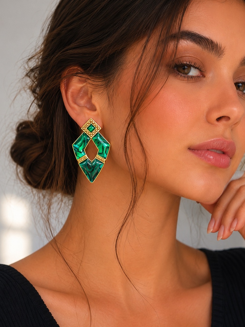 Vintage Green Faux Malachite Geometric Statement Earrings Gold Tone Art Deco